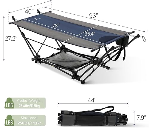 Miniatura 6 de ALPHA CAMP Cama Hamaca Portátil con Soporte, Cama Plegable de Descanso para Acampar para Patio, Jardín Trasero, Jardín, Área de Piscina, Playa,