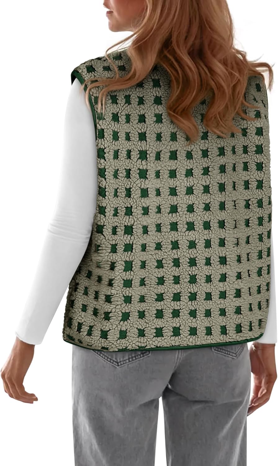 Women’s Sherpa Vest Sleeveless Plaid Zip Up High Neck Warm Fleece Gilet Outerwear Crop Jackets with Pockets - Image 4