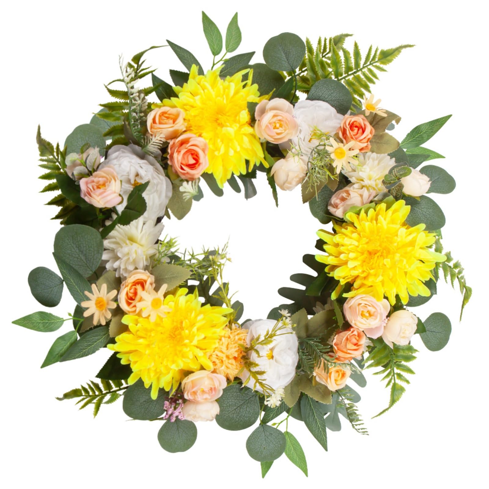 45cm Artificial Spring Wreath with Flowers, Faux Rose & Daisy Floral Door Garland for Front Porch Wall Window Farmhouse Home Decor (45cm,Yellow)