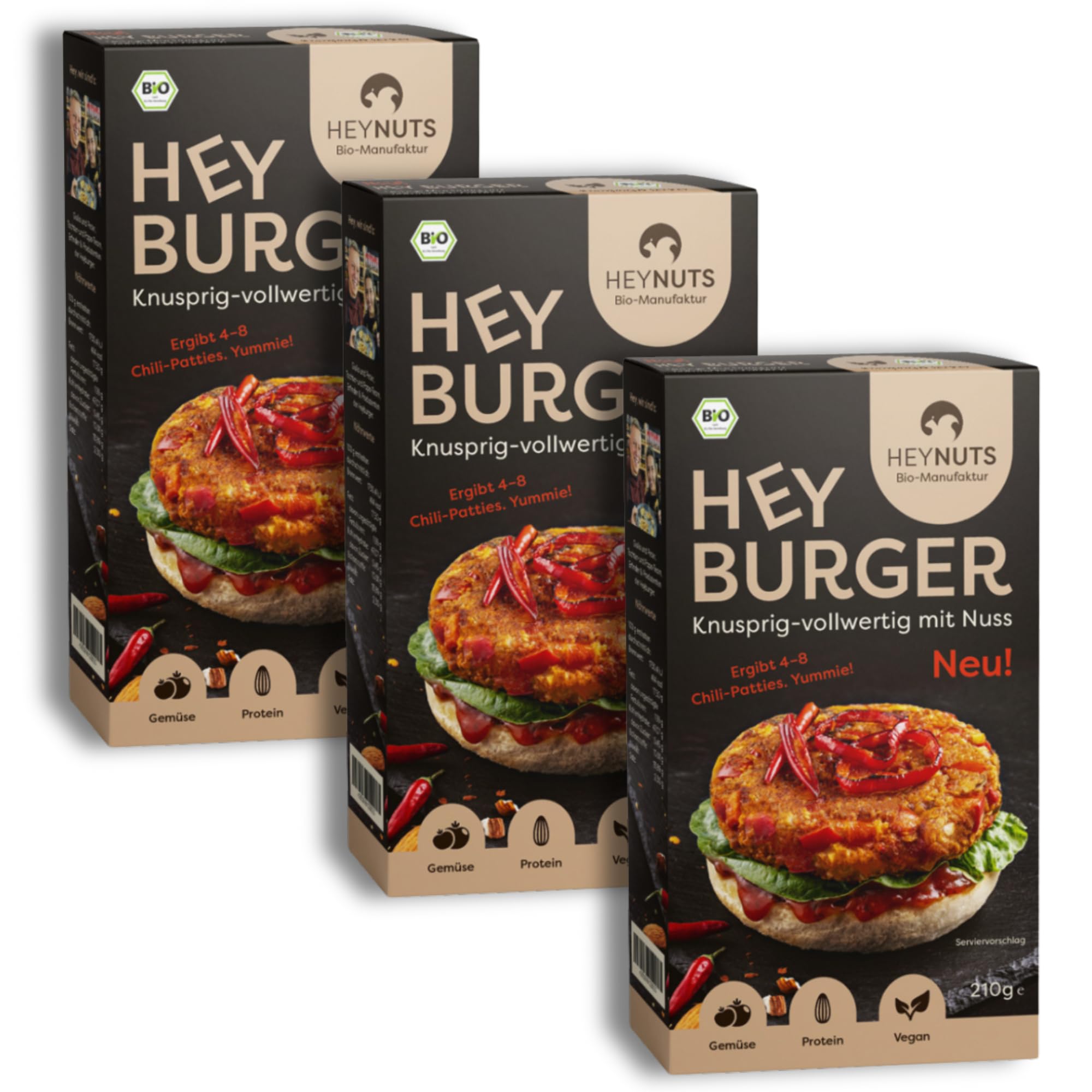 HEYBURGER hamburguesa vegana para verduras, sabor chilli, 100% natural, certificada orgánica, alto contenido de proteínas, fabricación - alto contenido de proteínas, orgánico, sin aditivos, delicioso
