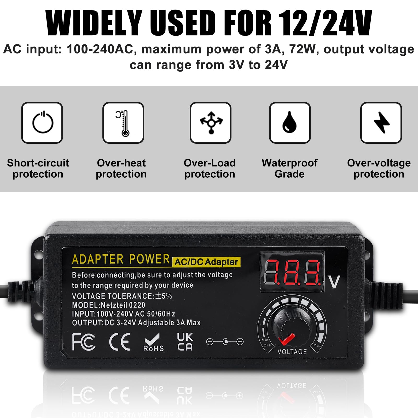 Alimentatore Universale Regolabile 72W 3A, 3-24V DC, Con Display LCD, 14 Spine E Invertitore Di Polarità, Per Elettrodomestici E LED - 3