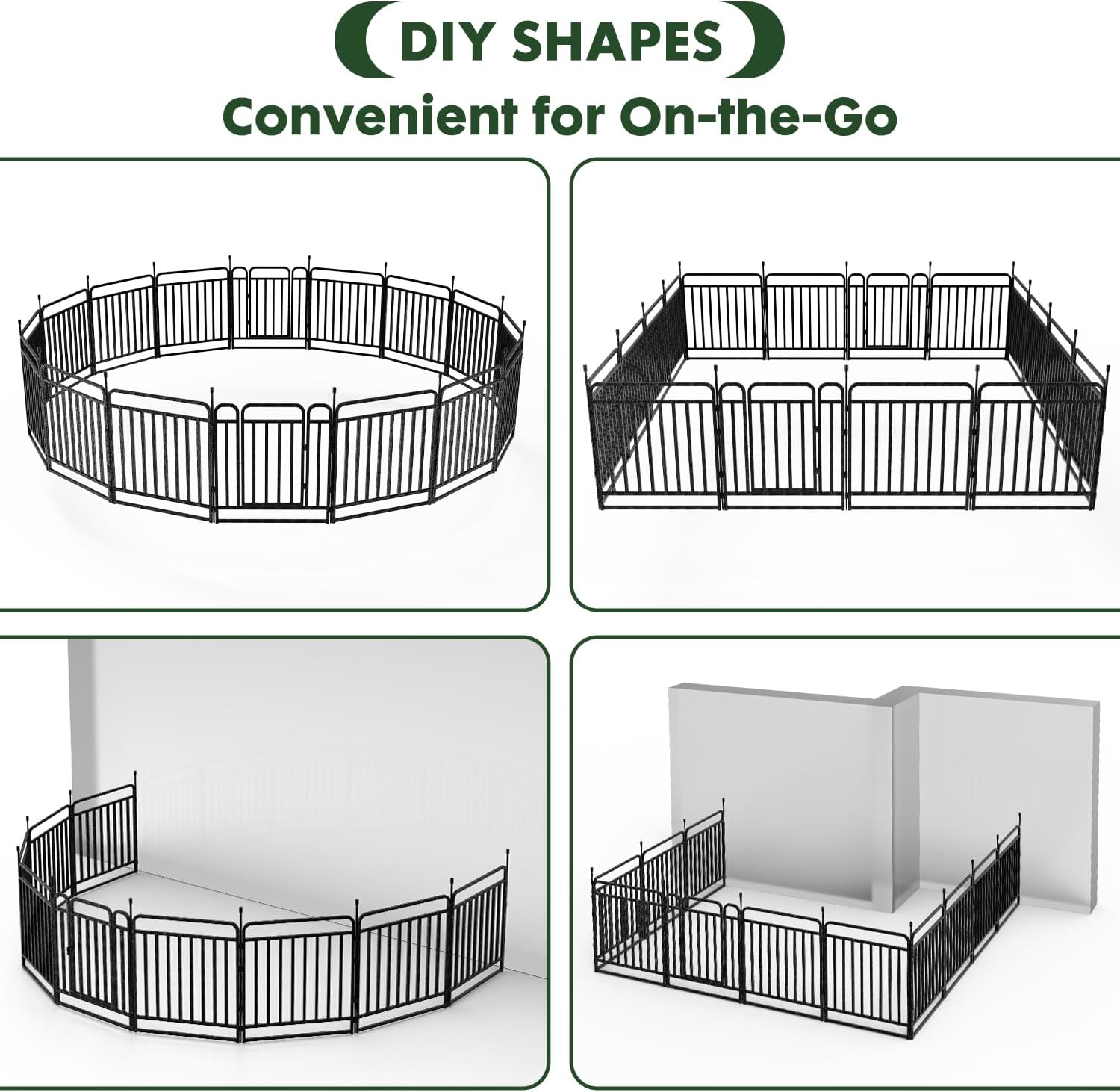Images showing various configurations of the dog playpen, including a circular enclosure, a rectangular setup, and a barrier against a wall.