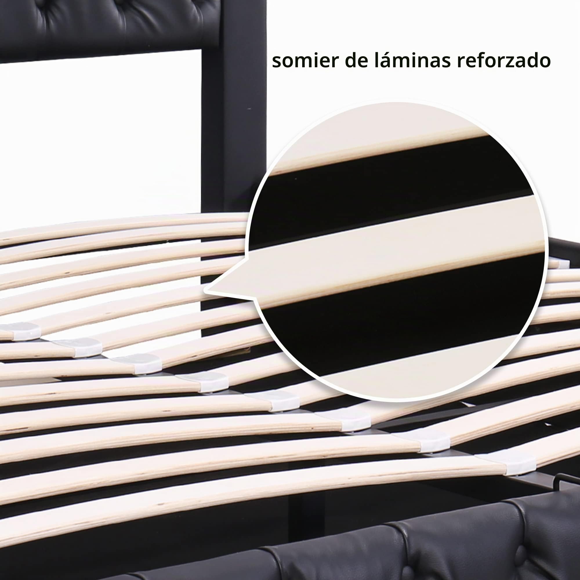 Cama Tapizada Camas Matrimoniales 180x200 con Luces LED Cabecero, Estructura de Cama Doble con Espacio de Almacenamiento Hidráulico, Camas Somier con Láminas Madera, Sin Colchón, PU, Negro