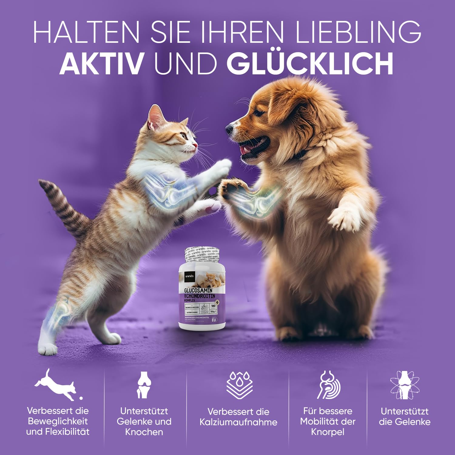Glucosamin Chondroitin Komplex - 180 Kapseln - Knorpelaufbau, Gelenke & Knochen - Gelenkkapseln Hunde & Katzen - Mit Kurkuma, Ingwer, Vitamin C - Alternative zu Gelenktabletten, Grünlippmuschelpulver