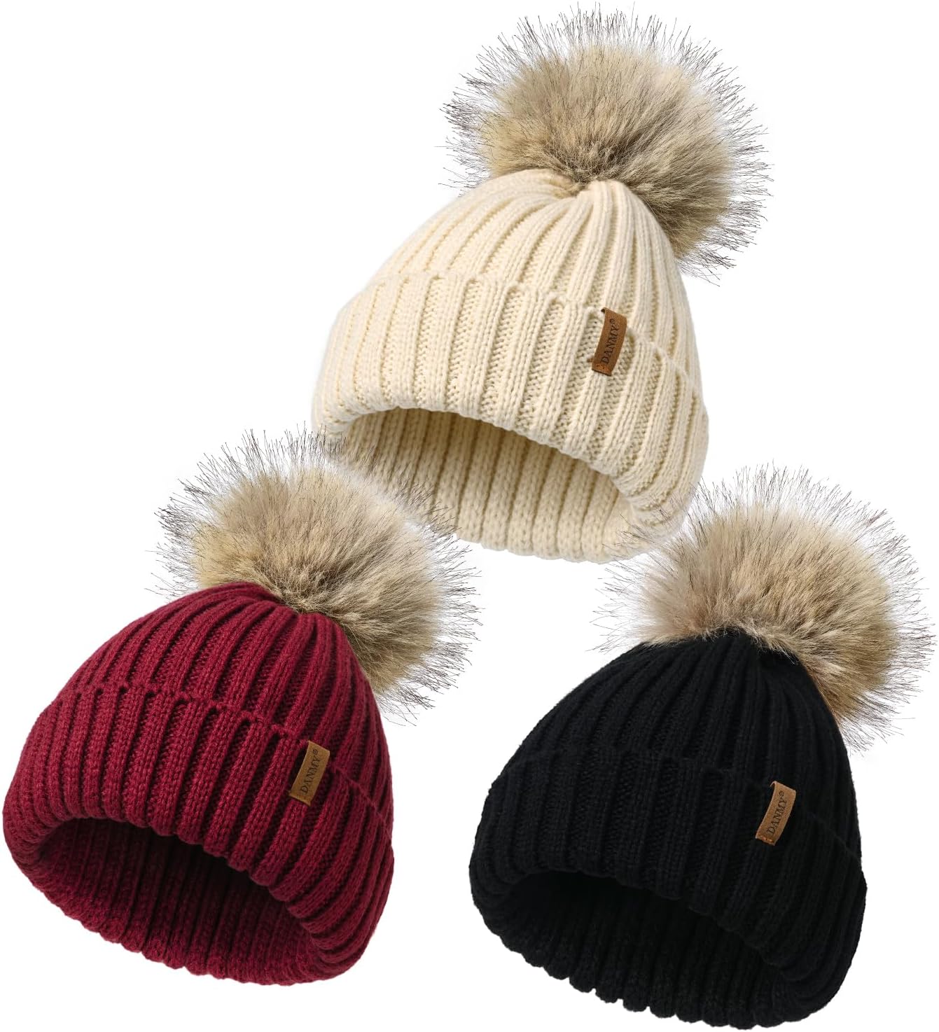 Kids Winter Hat Toddler Stretchy Knitted Beanie with Faux Fur Pom Poms Beanie for Baby Girls Boys