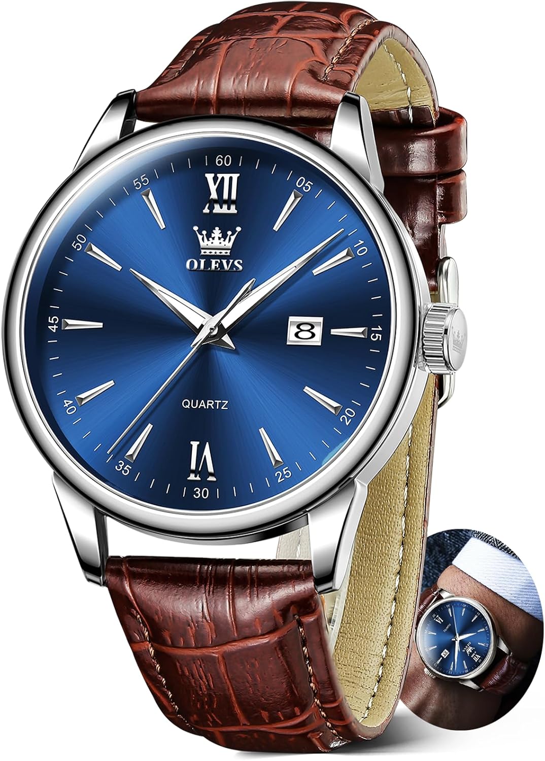 OLEVS Men Leather Watch,Mens Wrist Watches,Big Face Watches