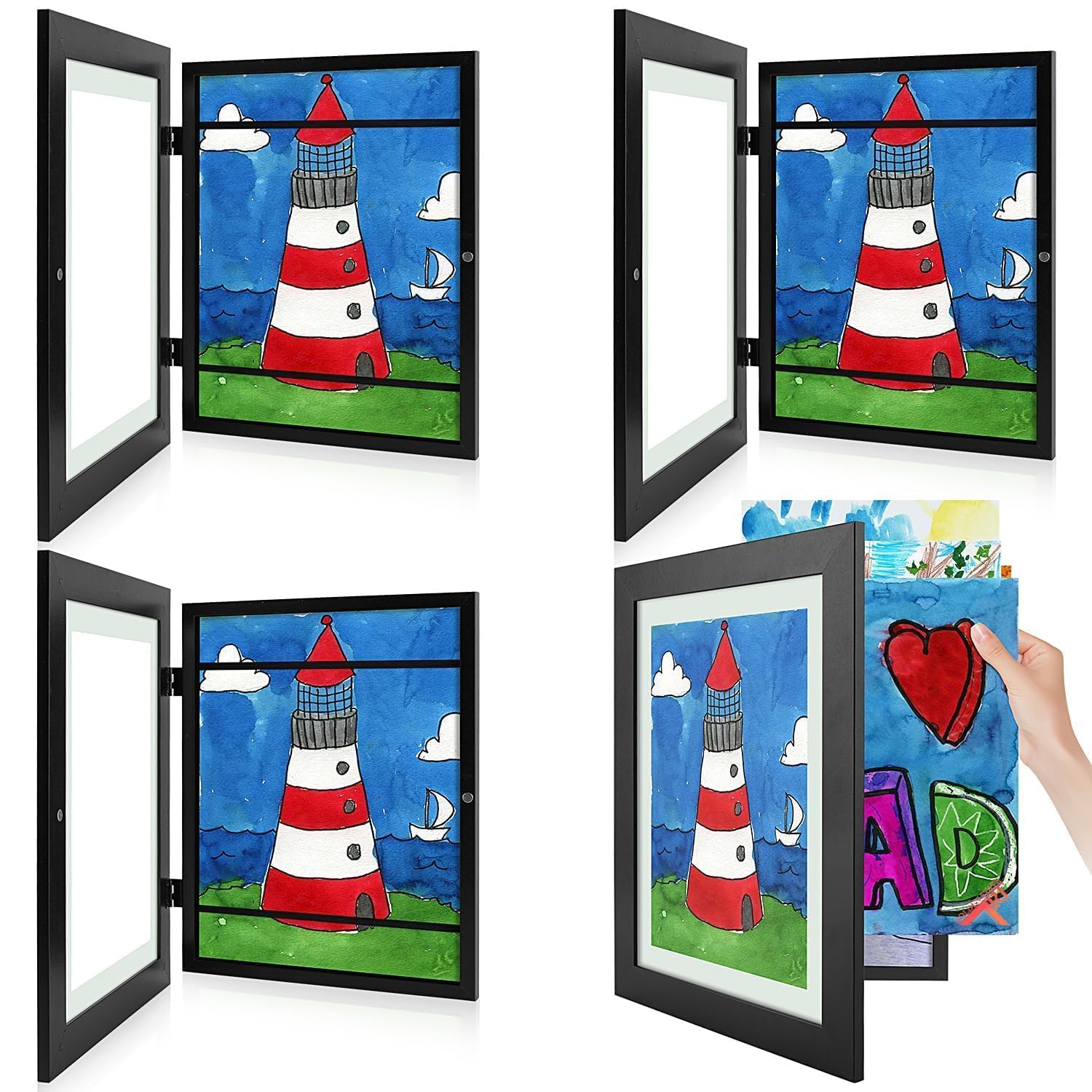4 Pack 9x12 Front-Opening Kids Artwork Frames Changeable (Black)