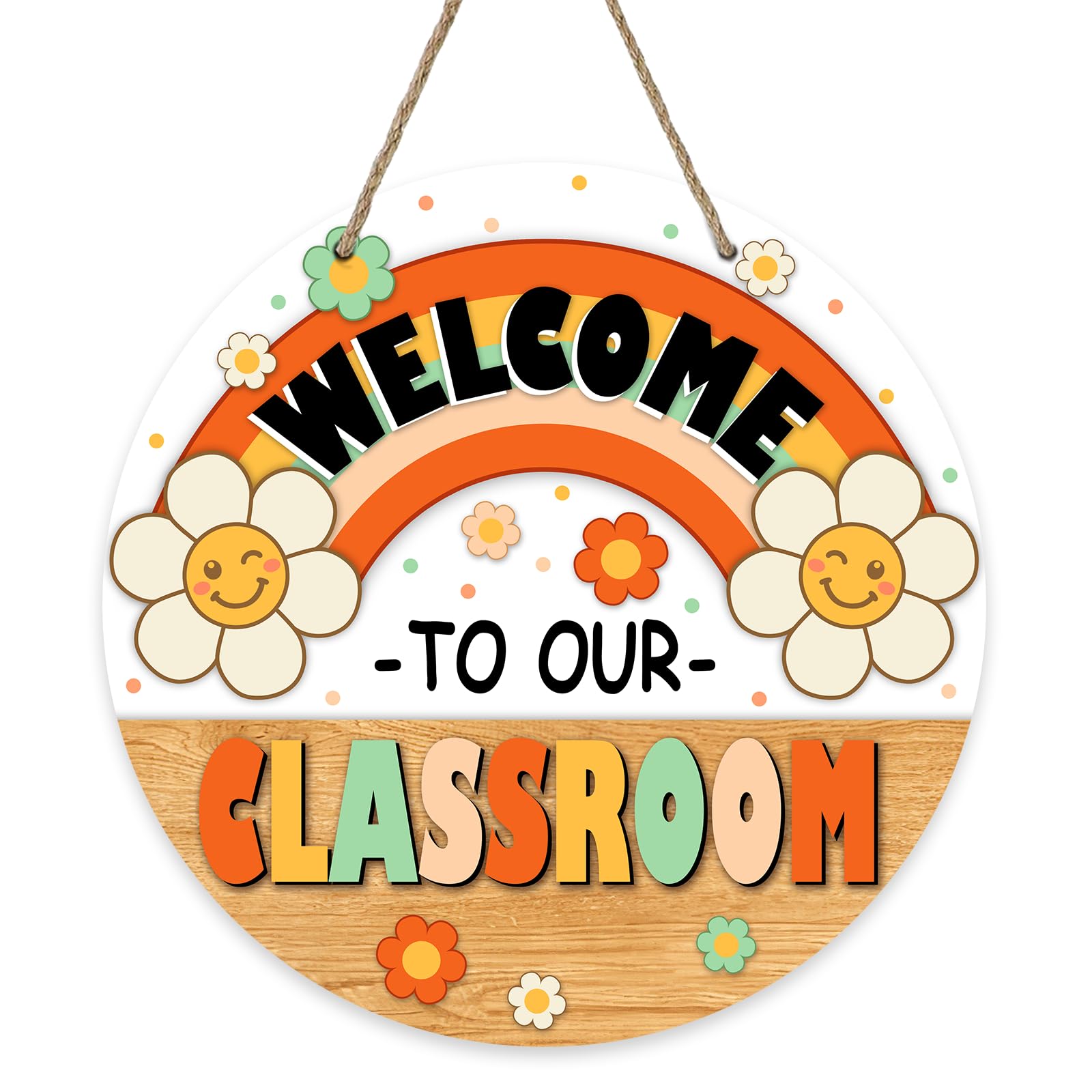 Bolisom Back To School Rainbow Front Door Sign, Welcome to Our Classroom Groovy Daisy Wood Hanger Kindergarten Porch Decor, First Day of School Wooden Wreath Indoor Wall Hanging Decoration-image-46