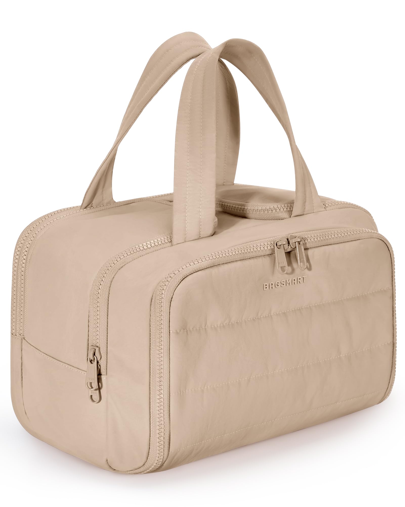 BAGSMART(バッグスマート) 旅行用トイレタリーバッグ、女性用ふわふわトイレタリーバッグ、旅行用ワイドオープントイレタリーバッグ、大型旅行用化粧品メイクアップバッグオーガナイザー、アクセサリー、トイレタリー用, カーキ, パフィー。