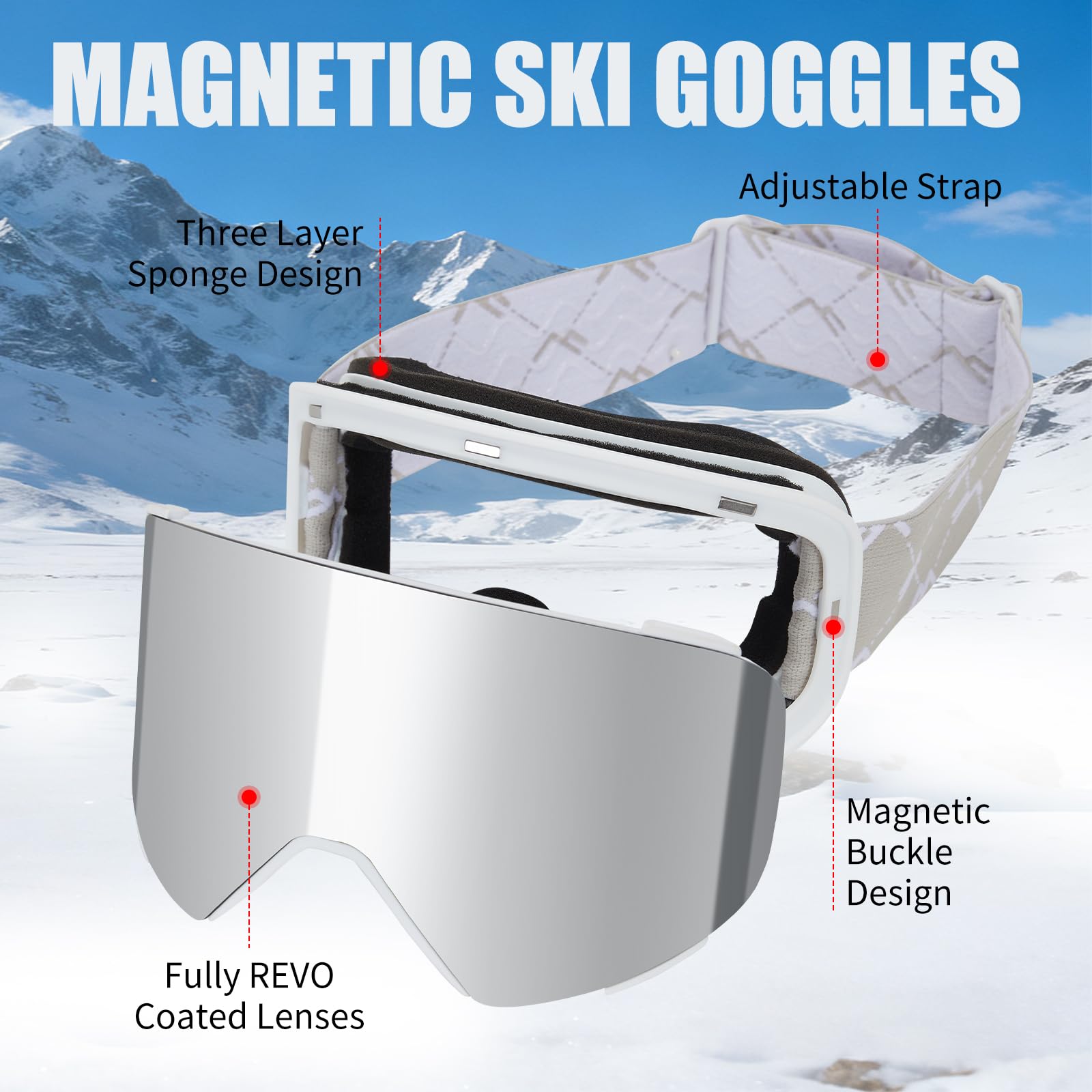 Occhiali da Sci con Magnetico Lenti Intercambiabili,YH693C Maschera da Sci OTG per Unisex Anti-UV400 Anti Nebbia Antipolvere Antivento Occhiali da Neve per Ski Ciclismo Moto