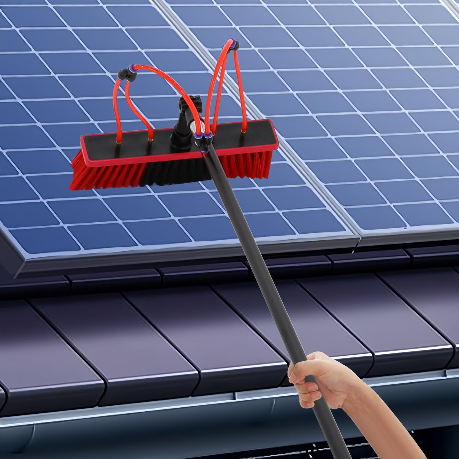 Juego de limpieza de ventanas de 9 m, limpiador de ventanas telescópico de 180 °, con manguera de agua de 20 m, longitud ajustable, barra de limpieza de ventanas de aluminio, ajustable para fachadas
