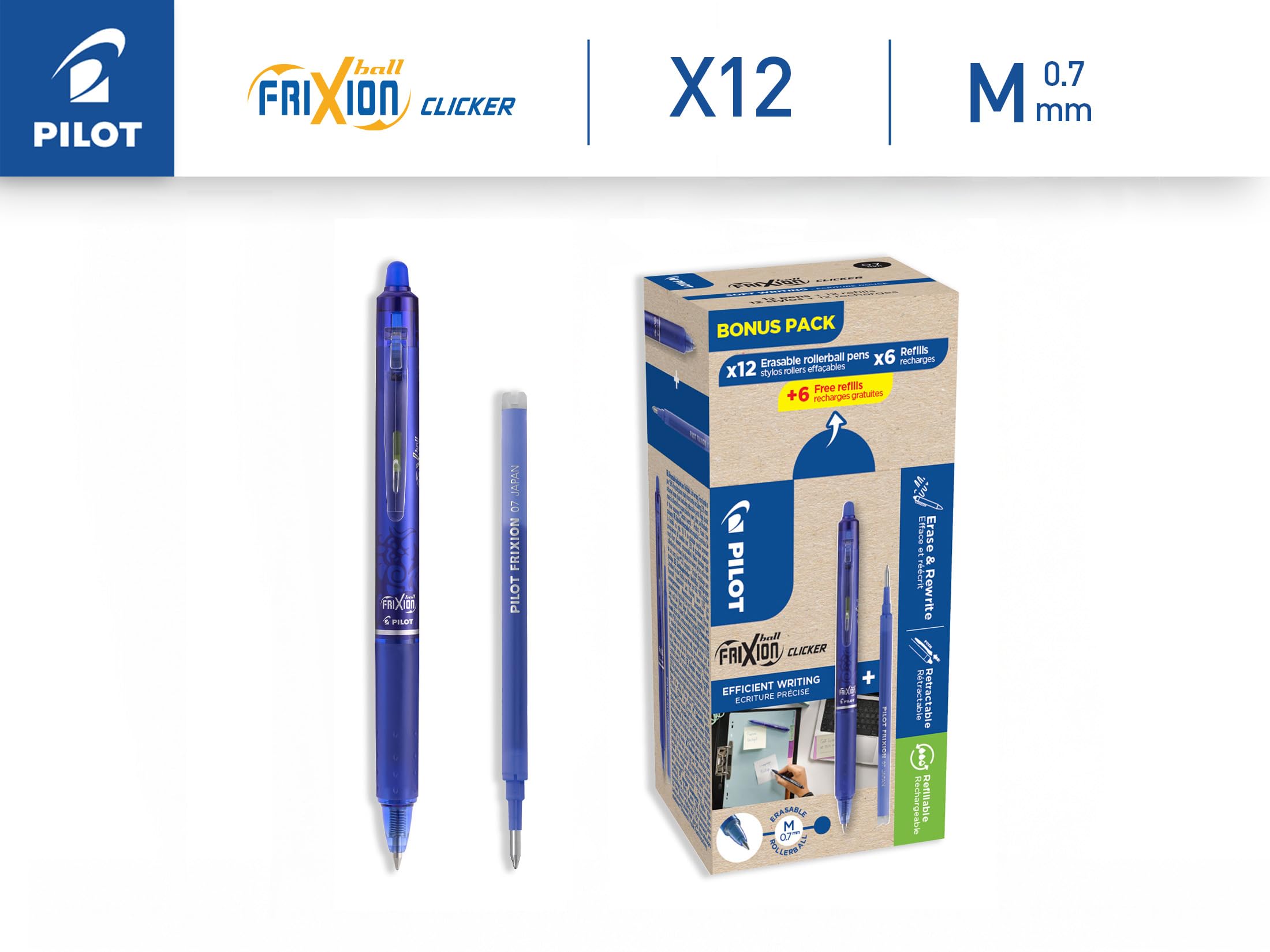 PILOT - Set di 12 FriXion Ball Clicker 07 + 12 Ricariche - Penne Cancellabili con Inchiostro Termosensibile - Roller Retrattili e Ricaricabili - Blu - Punta Media