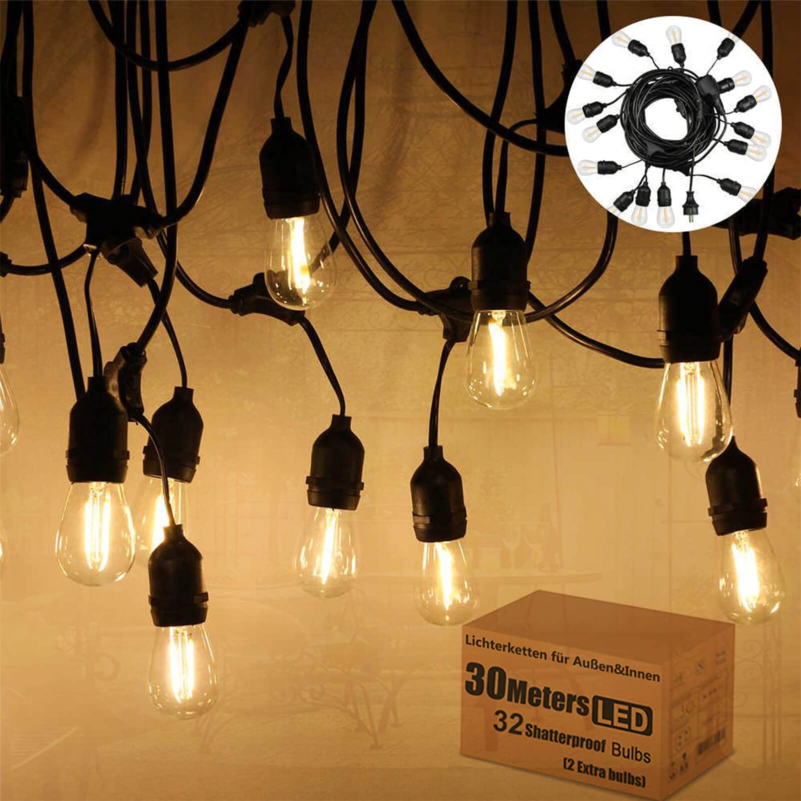 Lichterkette Außen 30M ST45 LED Lichterkette Glühbirnen außen Warmweiß 2700K Lichterkette Glühbirnen IP65 Wasserdicht 30 X 1W E27 Glas Birnen für Hochzeit Party