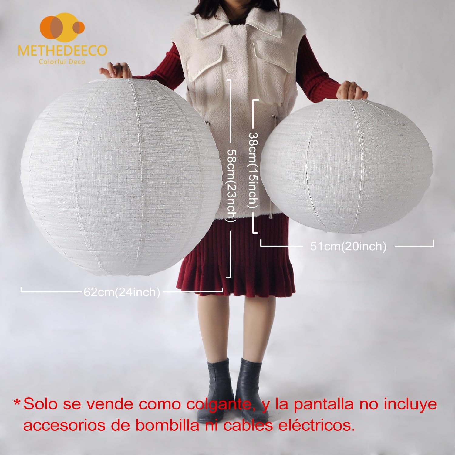 METHEDEECO Pantallas Lámpara Colgante Tela Lino, 62x58cm + 51x38cm | Juego de 2, Redondas, Para salón, comedor y dormitorio, Solo pantalla, sin bombilla ni cable