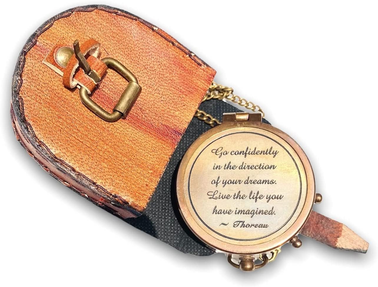 Thoreau's Go Confidently Quote Engraved, Brass Pocket Compass with Leather case, Graduation Day Gifts, Direction Pocket Compass, Camping Compass, Boating Compass-image-7