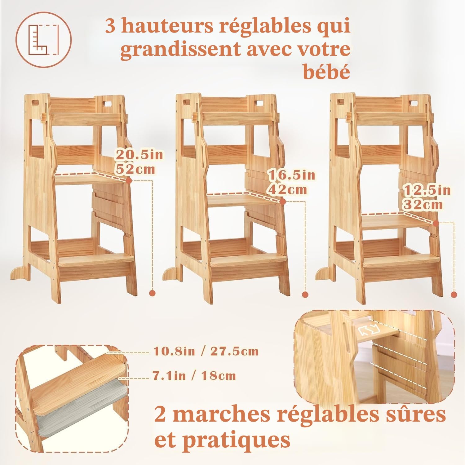 Tour d'apprentissage pour Enfants avec Filet de Sécurité, Marchepied de Cuisine Réglable 3 Niveaux, Chaise Montessori