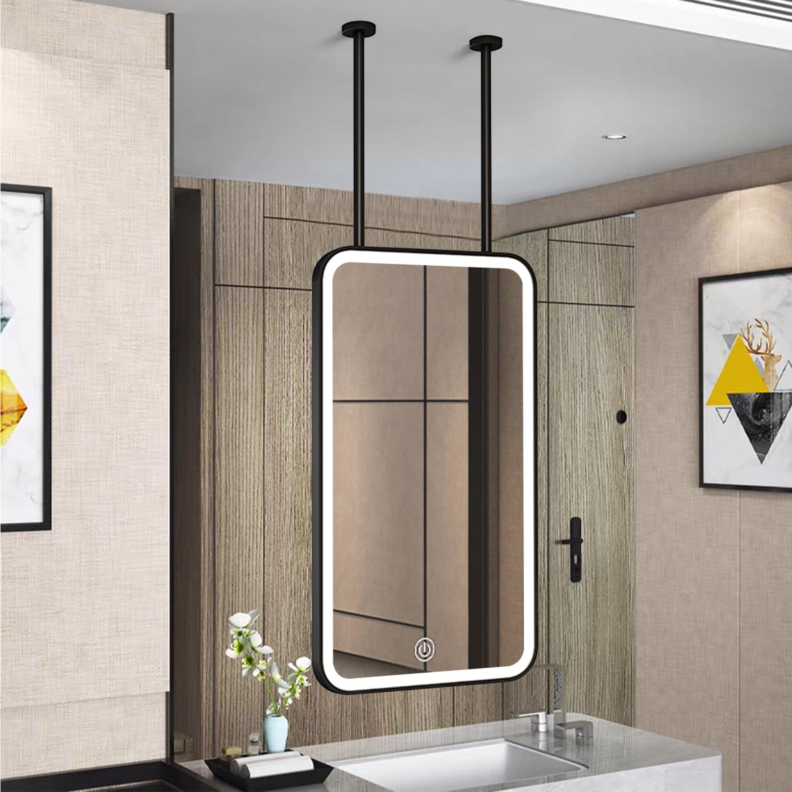 Lustro ścienne LED z czarną metalową ramą, nad umywalką wiszące lustro łazienkowe nad umywalką, regulowane ramię (50 cm x 60 cm)