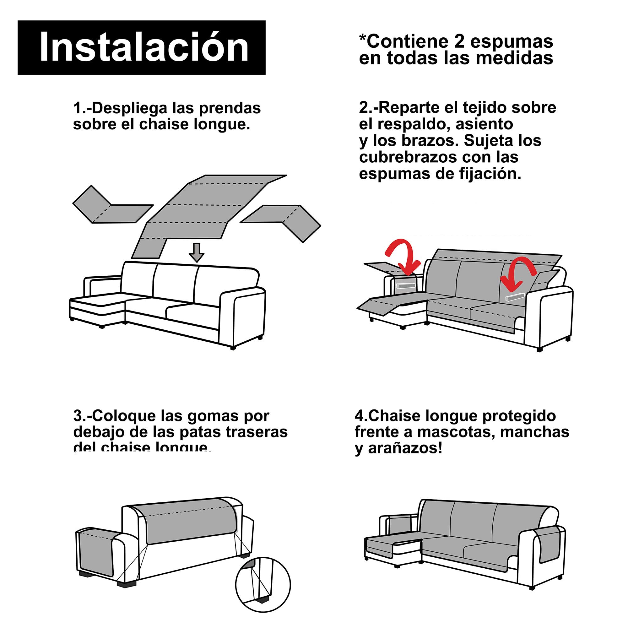 FAVERTI® Cubre Chaise Longue Brazo Derecho 240 (Visto de Frente) | Modelo DAIMUS | Súper Fresco y Resistente para Mascotas, Hecho en españa con Material Reciclado | Protector Chaise Gris Claro