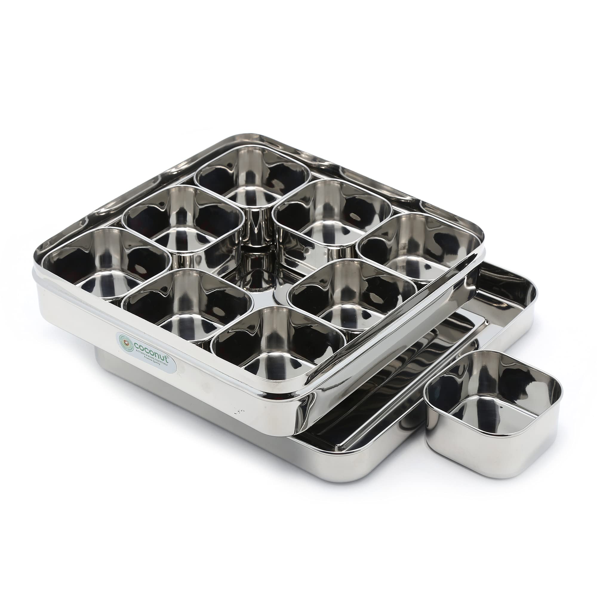 Coconut 9 misek ze stali nierdzewnej o średnicy 22 cm 100 ml każdy pojemnik Junior Square Masala pudełko / pojemnik na przyprawy z pokrywką SS