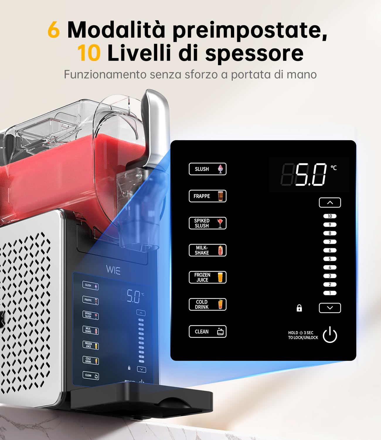 WIE Macchina per Granite, 2.6L Macchina Granita per Casa con Autopulizia, Non Serve Ghiaccio, 6 Modalità Preimpostate, Schermo Touch LED, Macchina Granita per Margarita/Cocktail/Milkshake/Frappé