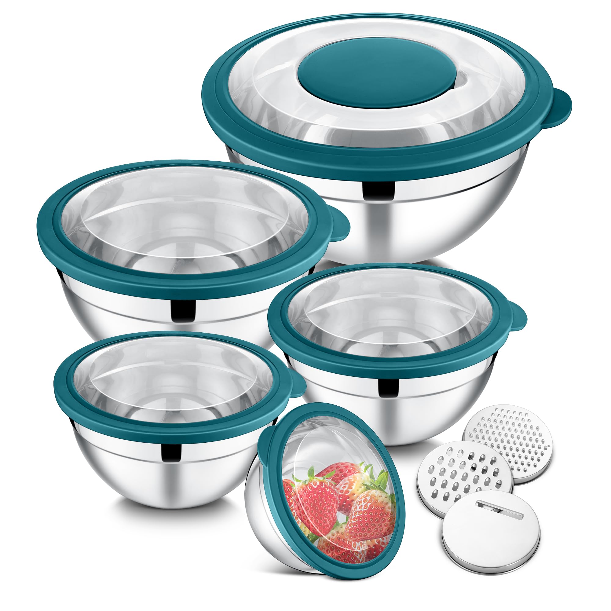 E-far Juego de 5 cuencos para mezclar, de acero inoxidable, con tapa transparente, cuenco anidable de metal con 3 accesorios de rallador para preparación, servir, hornear, almacenamiento,