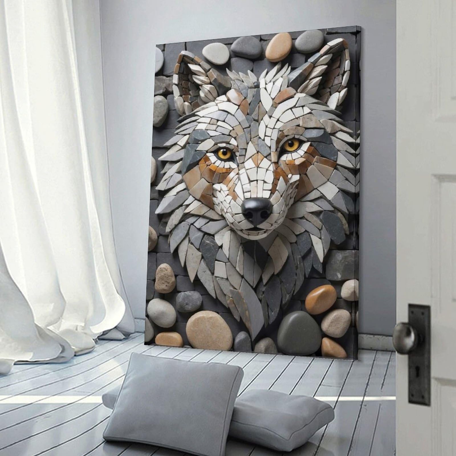 Junmoney Stone Mosaic Wolf Head Art Decorative Canvas Print, 16x24inch(40x60cm), for Gallery Wall Decor And Room Displays, Wall Decor Suited to Curated Displays