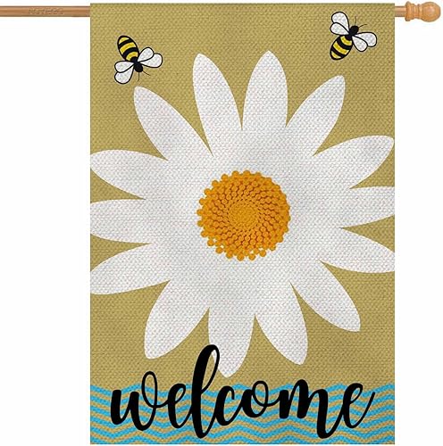 AOYEGO Daisy - Bandera de bienvenida para casa, de 28 x 40 pulgadas, grande, vertical, de doble cara, abejas en una margarita blanca salvaje,