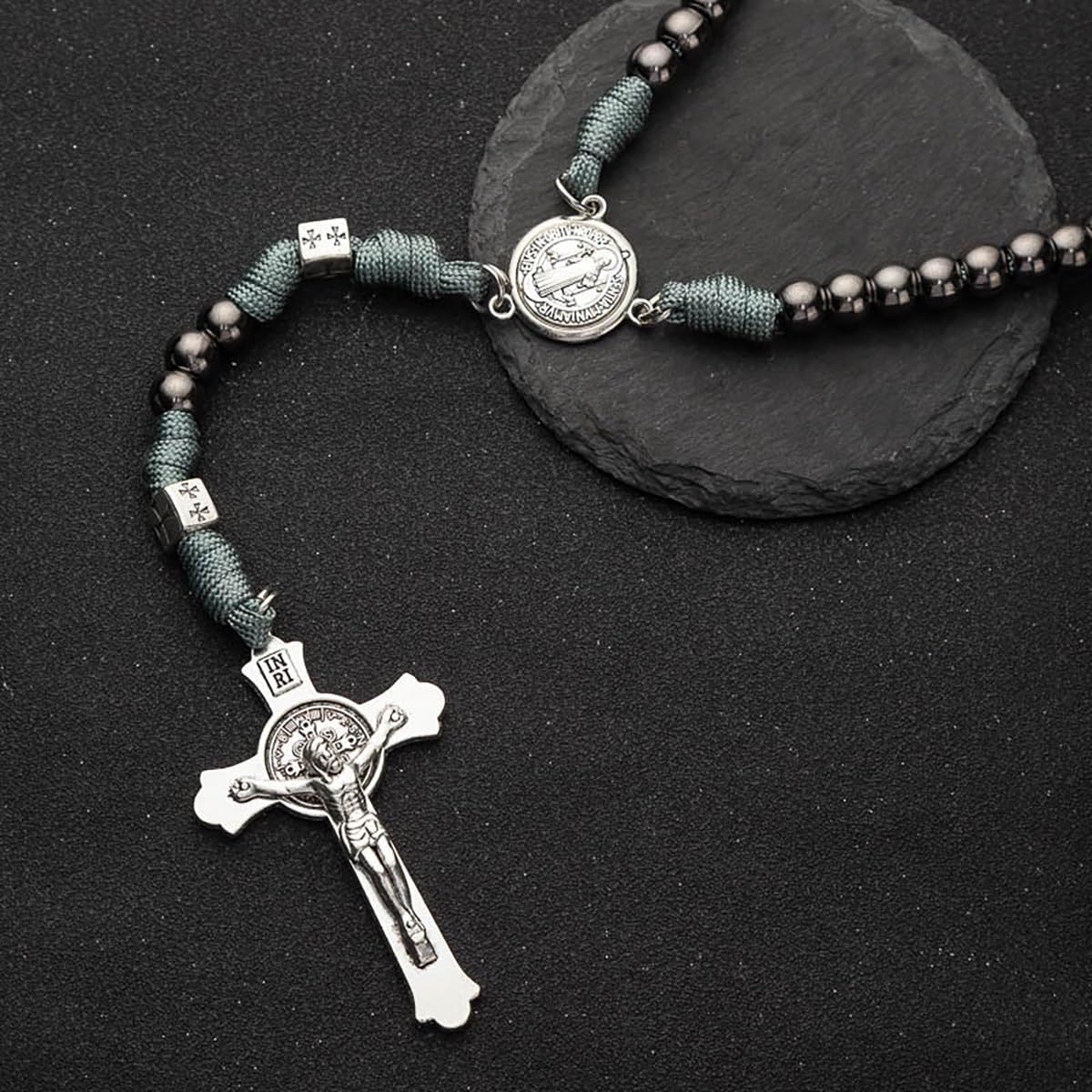 Large and Heavy Stainless Steel Beads Rugged Durable Paracord Rosary Necklace for Men with St.Benedict Center and Pardon Crucifix - Image 4