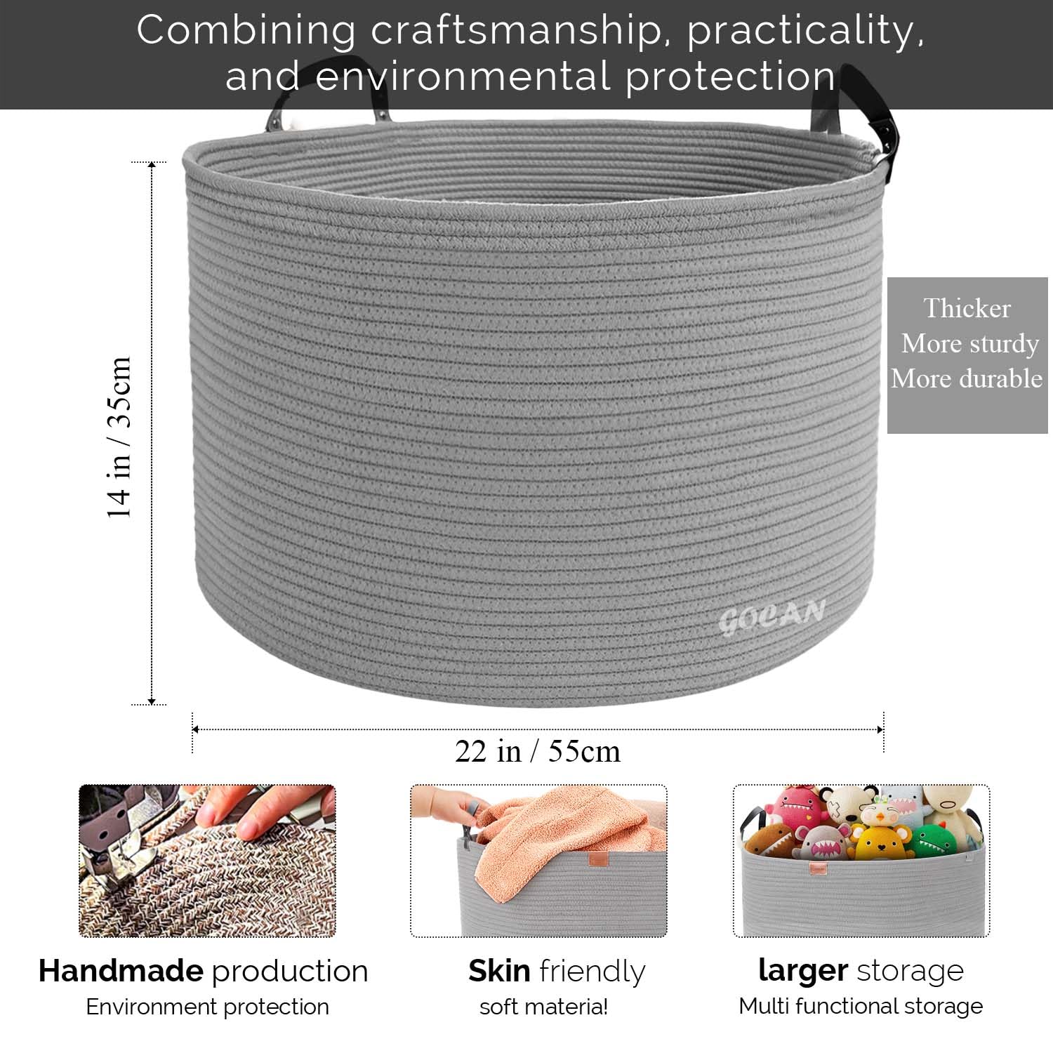 Cesto Portabiancheria Grande GOCAN - In Cotone Intrecciato A Mano, Morbido, Per Camera O Lavanderia, Nero