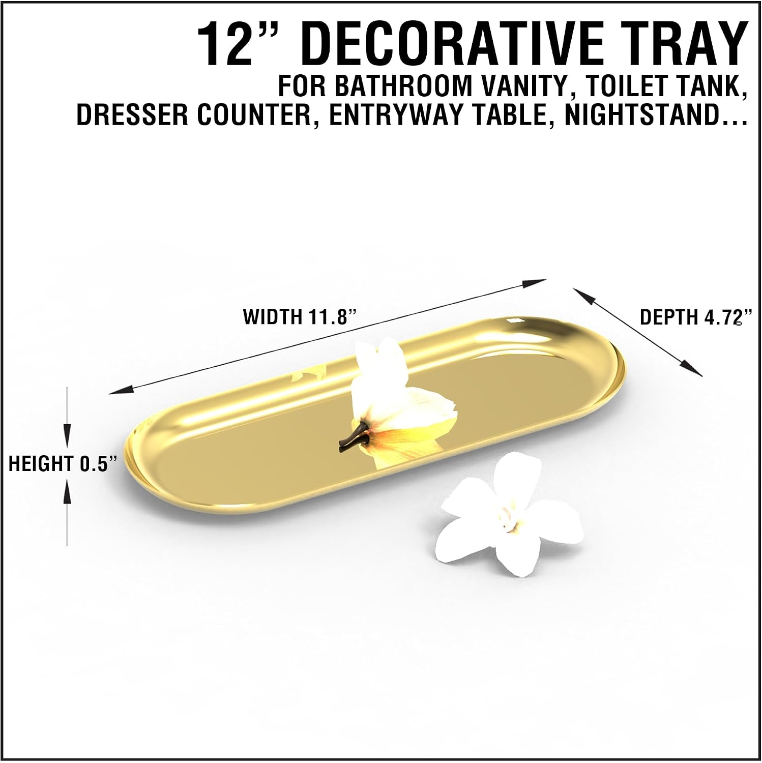 2 Pack Golden Bathroom Sink Vanity Decorative Tray, 12in Oval Trinket Storage for Dresser Counter, Stainless Steel Decor Jewelry Dish Tray, Perfume Candle Key Valet Organizer