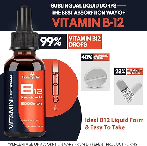 Miniatura 4 de Vitamina B12 liposomal 5000mcg líquido sublingual maximiza la absorción, vegano B12 metilado con ácido fúlvico, metilcobalamina 3 en 1 para energía,