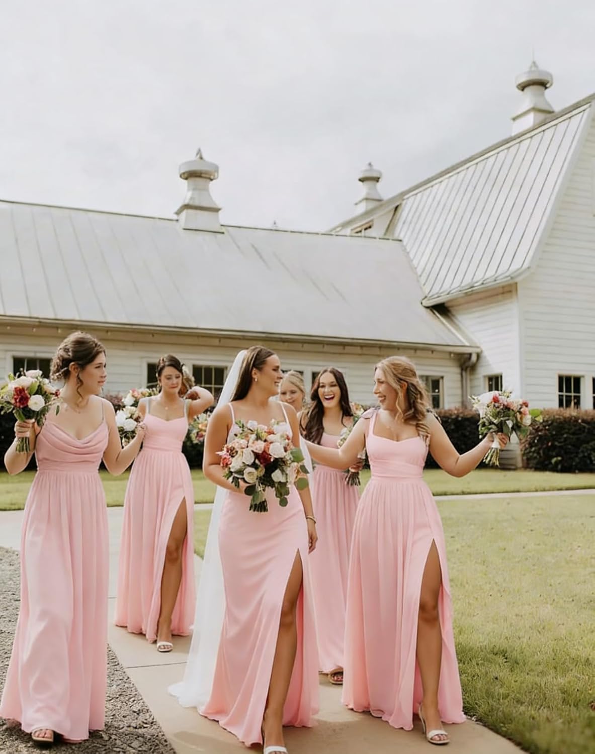 Women's Chiffon Bridesmaid Dresses Long with Slit Spaghetti Strap Pleated Formal Dress ZU097