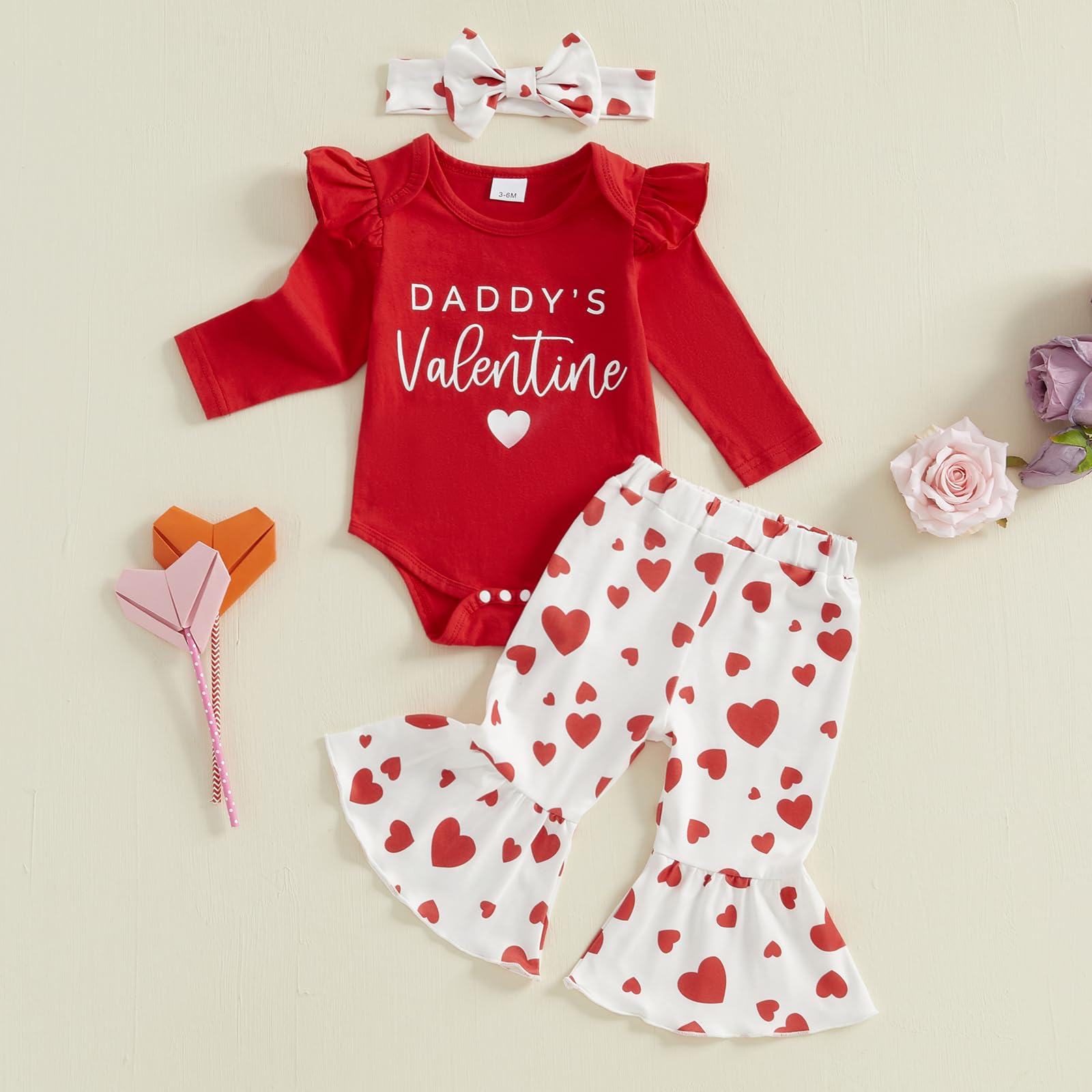 Baby Girl Valentines Outfit Letter Print Romper Love Heart Flare Pants Headband First Valentines Baby Girl Outfit (Red Daddy's Valentine, 6-12 Months)