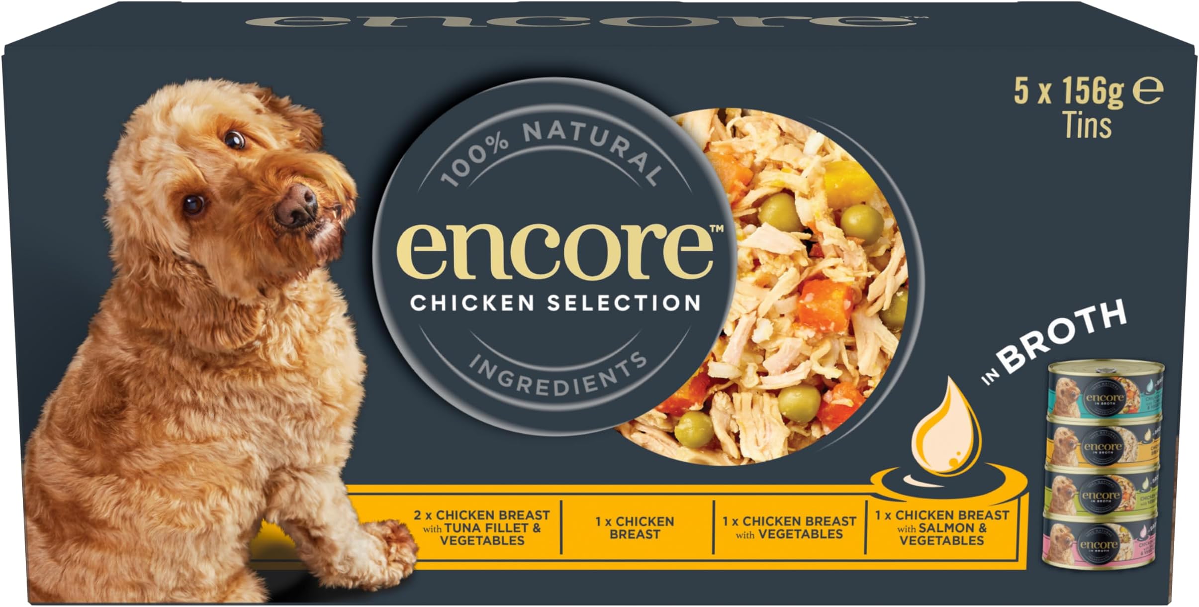 Encore 100 Percent Natural Adult Wet Dog Food, Chicken and Fish Selection Multipack in Broth 156g Tin (5 x 156g Tins)
