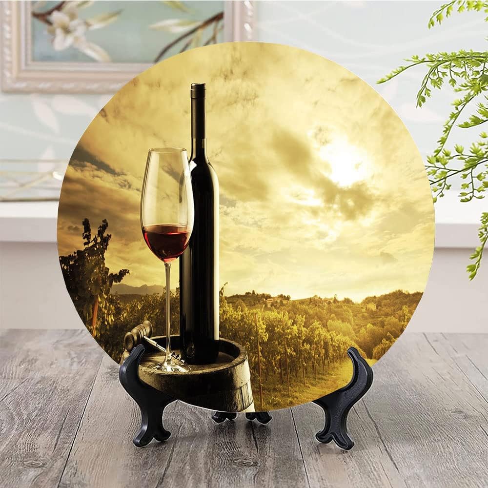Decorative Plates, Wine Print Ornament, Red Wine Bottle and Glass on Wooden Barrel, 8 Inch, 1 Plate with 1 Display Stand, Light Coffee Green Black