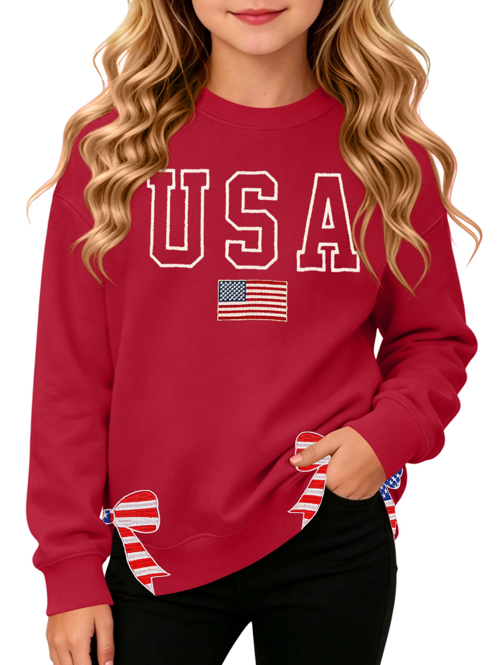 Ithalt Kids USA Sweatshirt Boys Girls 4th of July Shirt American Patriotic Pullover with Embroidered Side Slits 5-14y