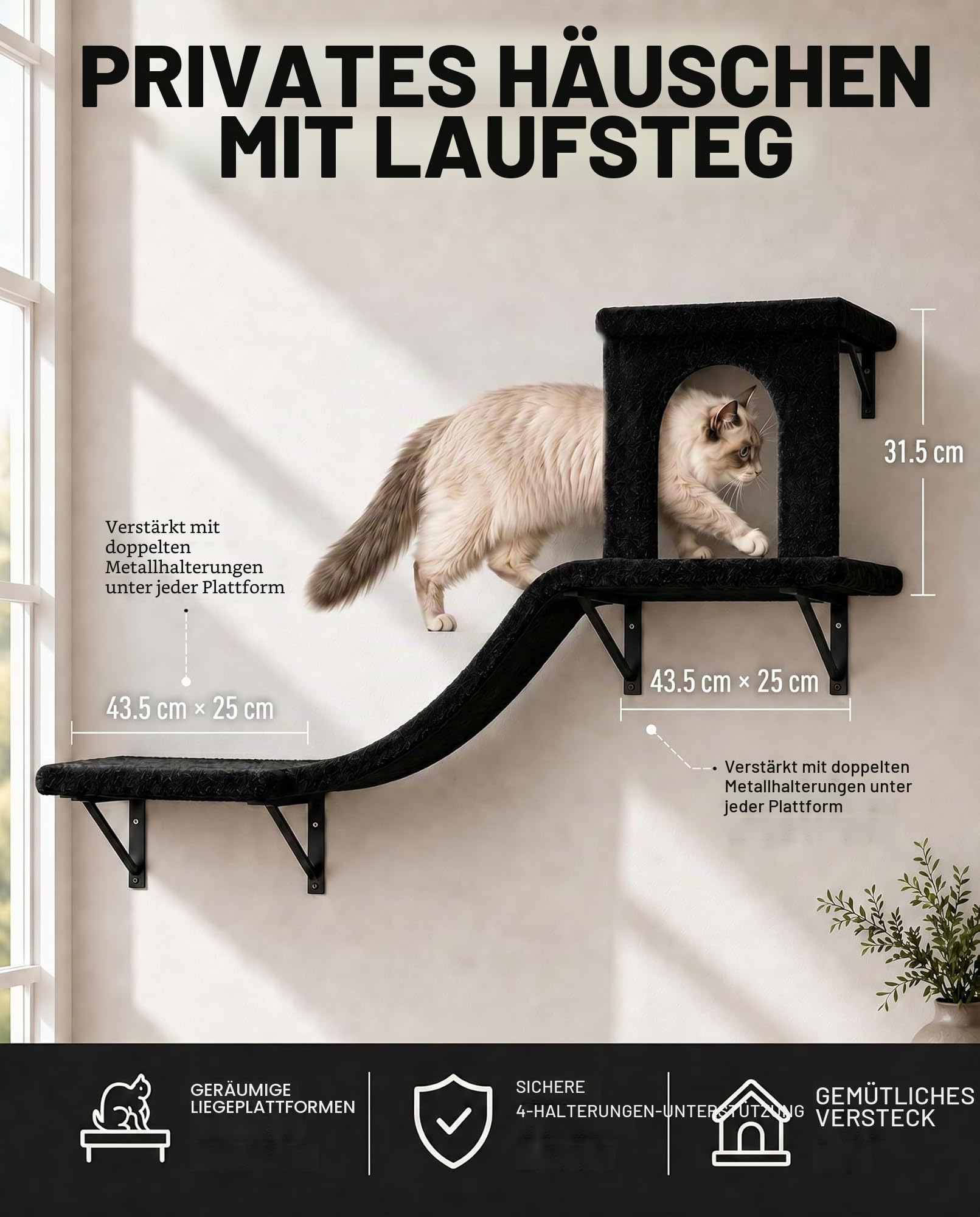 4-teiliges Katzen Wandmöbel Set, Hängematte mit Kratzsäule | Katzen Wandmöbel, mit Hängematte, Katzenbrücke, Liegefläche und Sisal Kratzsäule, stabile Wandmontage, belastbar 13,6kg