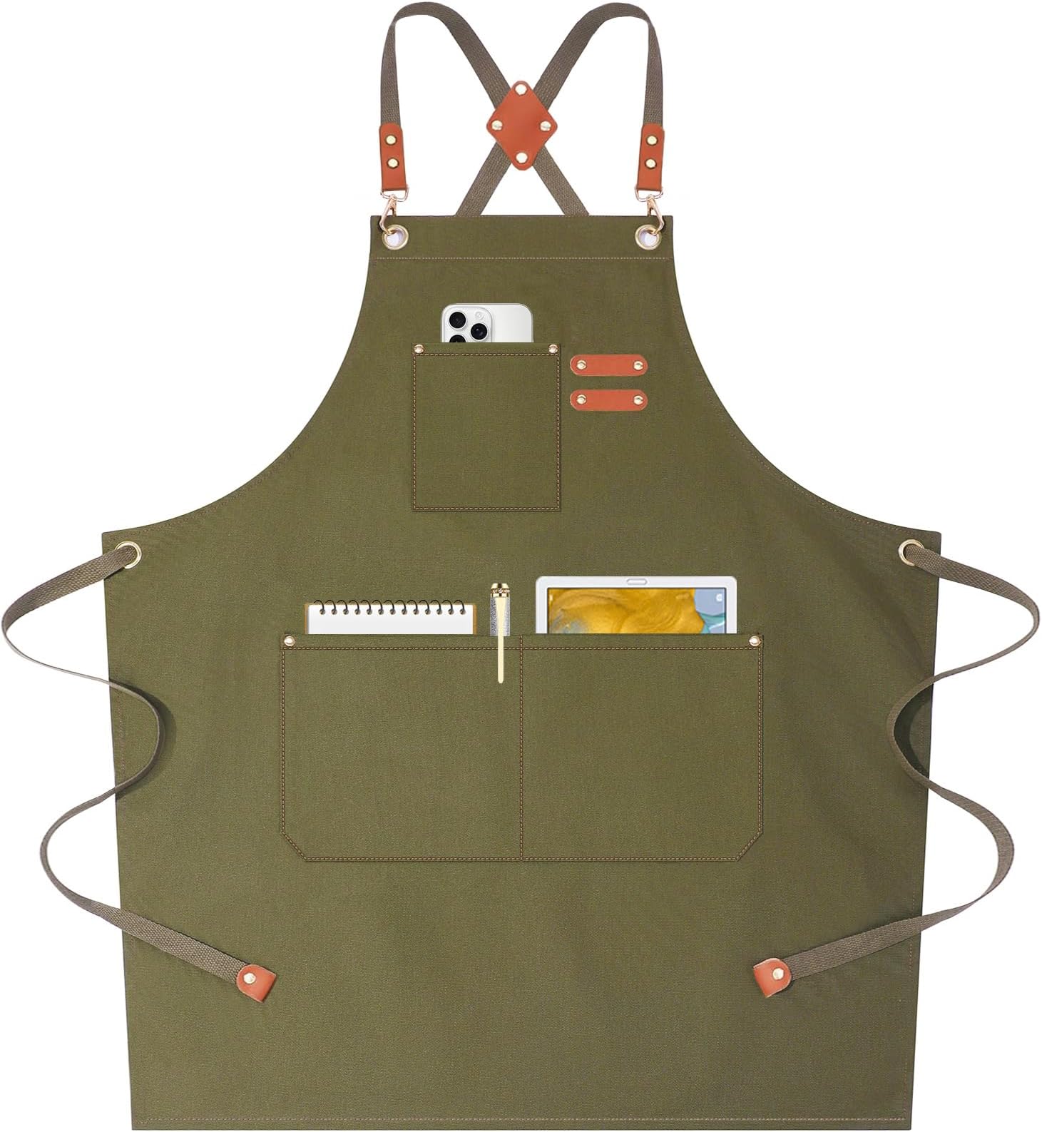 Chef Aprons for Women Men with Oversized Pockets, 12-Ounce Cotton Canvas Cross Back Water Repellent Apron (Grey Green)