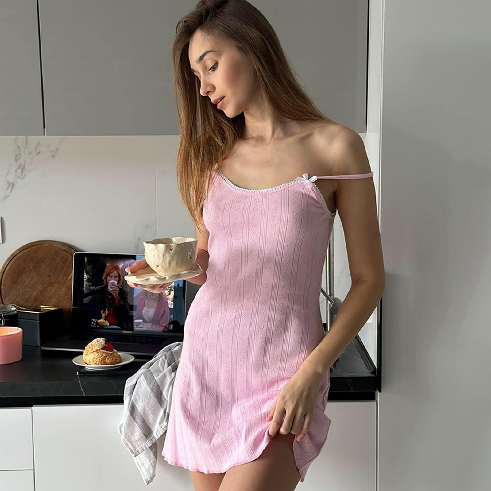Damska dzianinowa sukienka na ramiączkach z regulowanymi ramiączkami, prążkowana krótka koszula nocna, wzór z koronkową lamówką,A. pink,L（60~70kg）