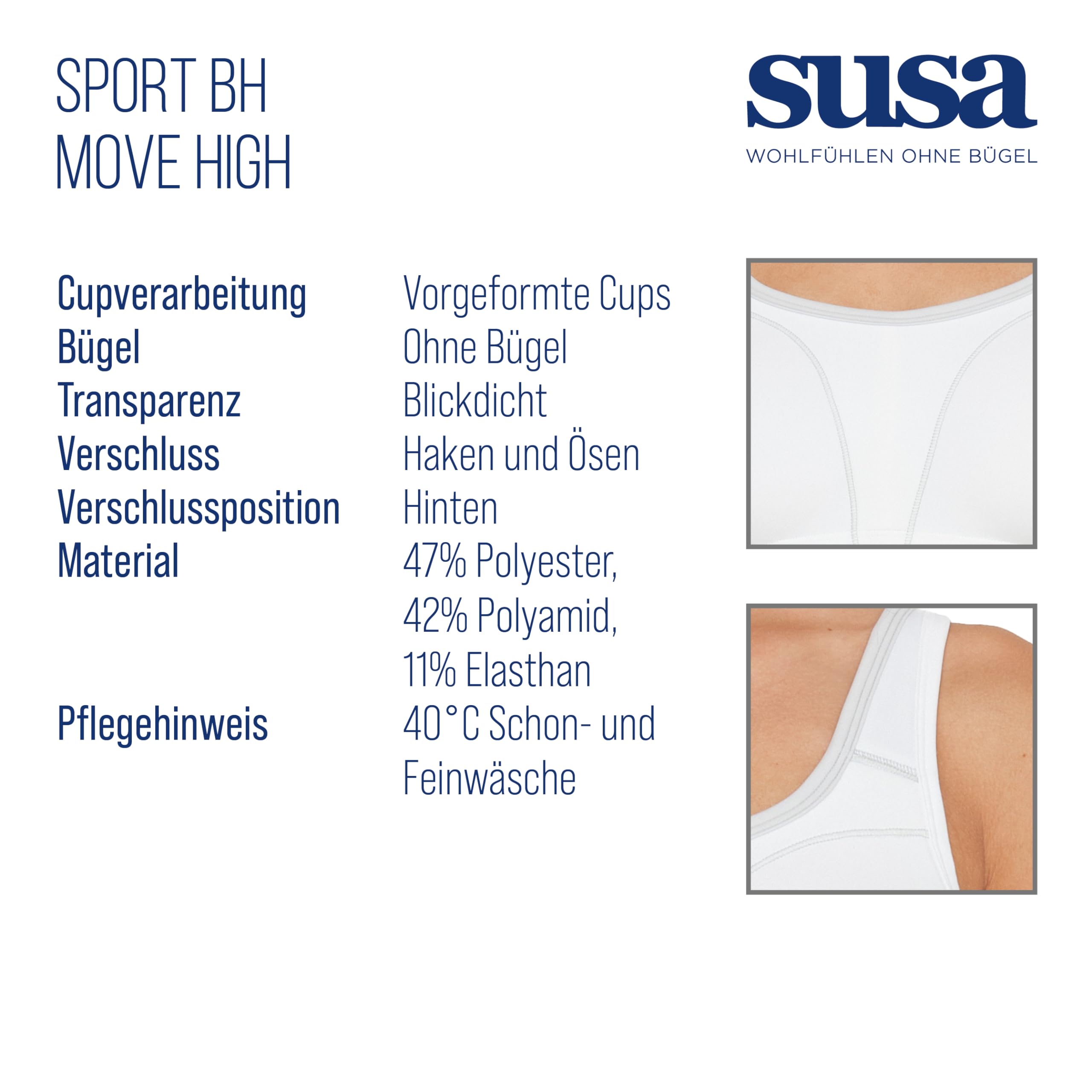 SUSA Sport BH Damen ohne Bügel Move high I Damen-BHs mit vorgeformten Cups I Sport Crop Top BH I Starker Halt I Transportiert Schweiß zuverlässig ab