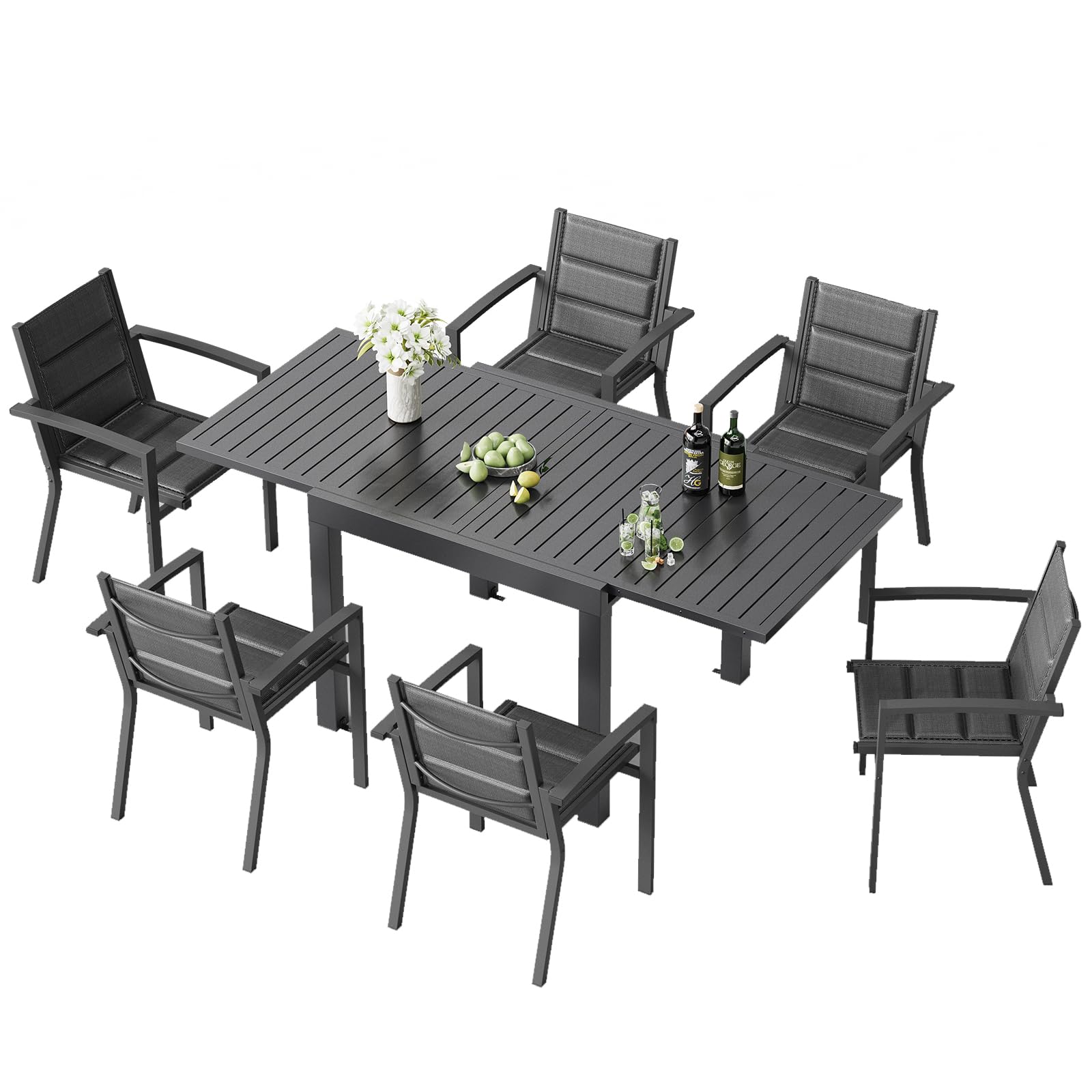 TRIUMPHKEY Salon de Jardin Extérieur 6 Personnes en Aluminium - Table Extensible (80-160 cm) & 6 Chaises Stapelables - Ensemble Terrasse et Jardin, Gris foncé