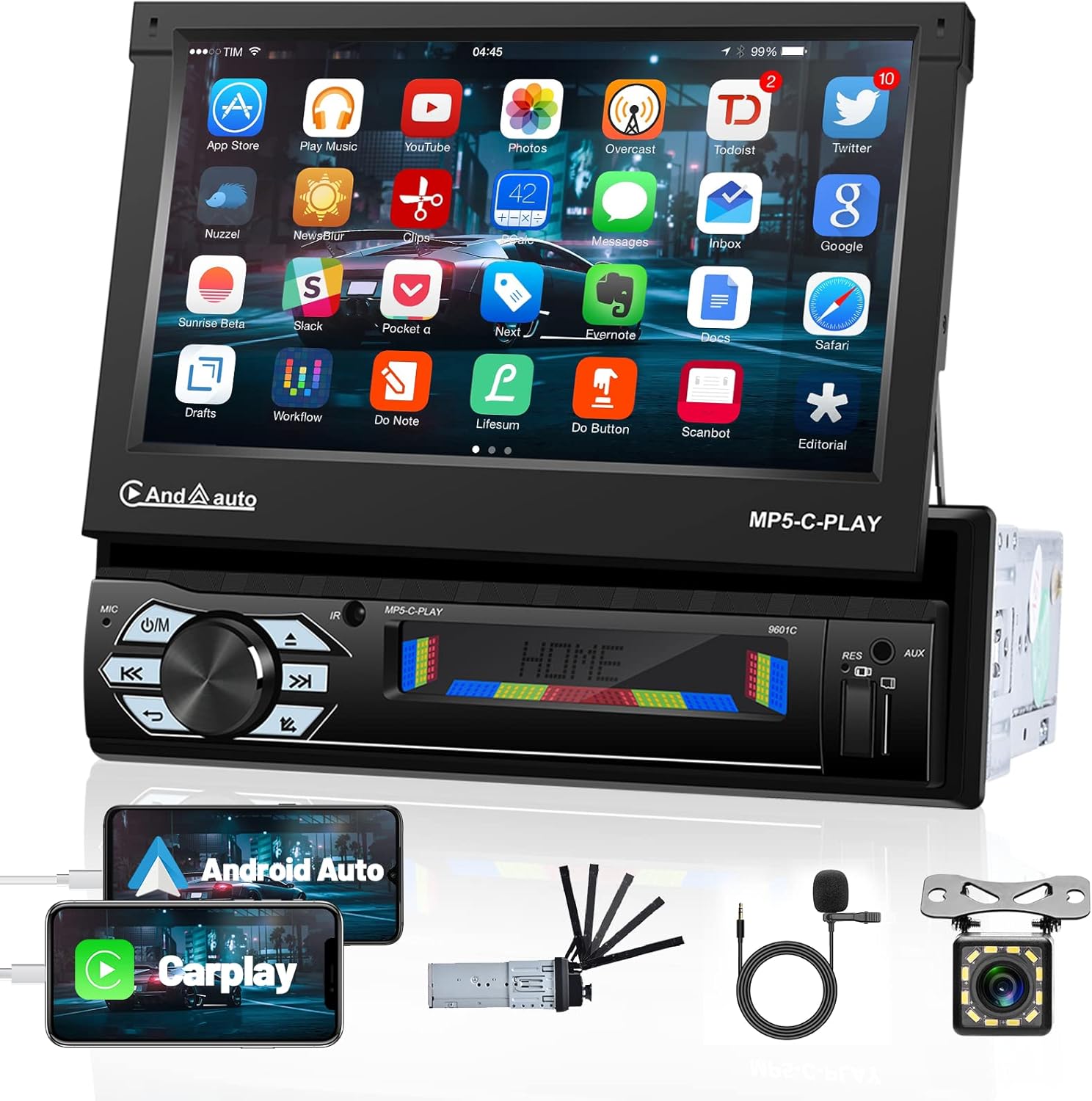 Single Din Car Stereo with Apple Carplay 7 Inch Motorized