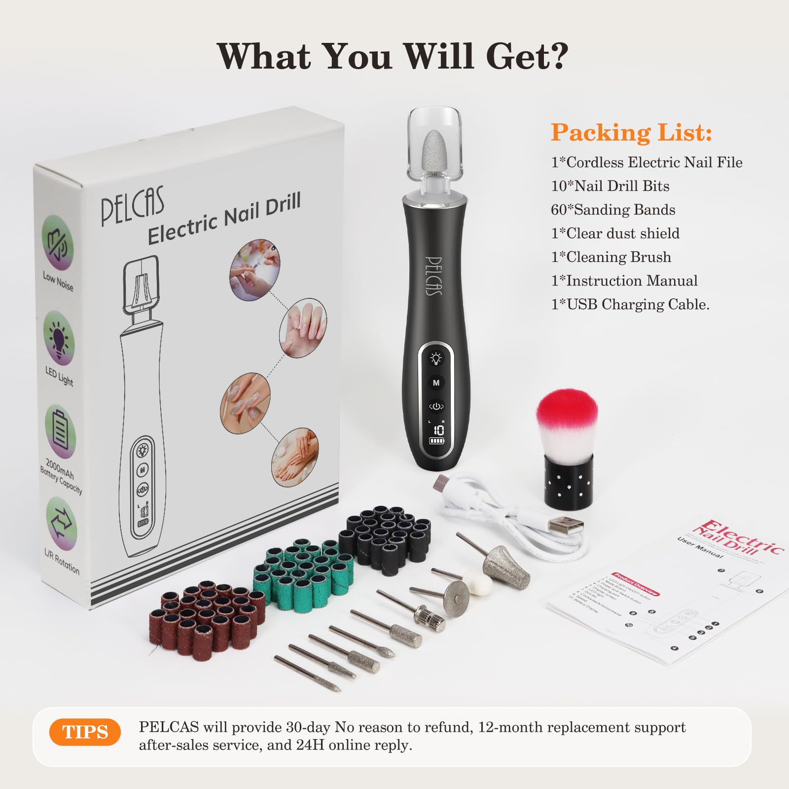 PELCAS Kabelloser Nagelfräser für Gelnägel & Dicke Fußnägel, 10-in-1 Maniküre Pediküre Set, Profi Elektrische Nagelfeile mit 360° LED-Licht, 10 Stufen LCD Display, 5 Std Akku, Grau