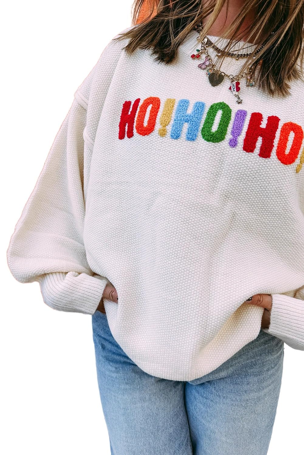 Apvirdy Womens HOHOHO Merry Christmas Chenille Graphic Sweaters Drop Shoulder Long Sleeve Knit Holiday Oversized Sweater