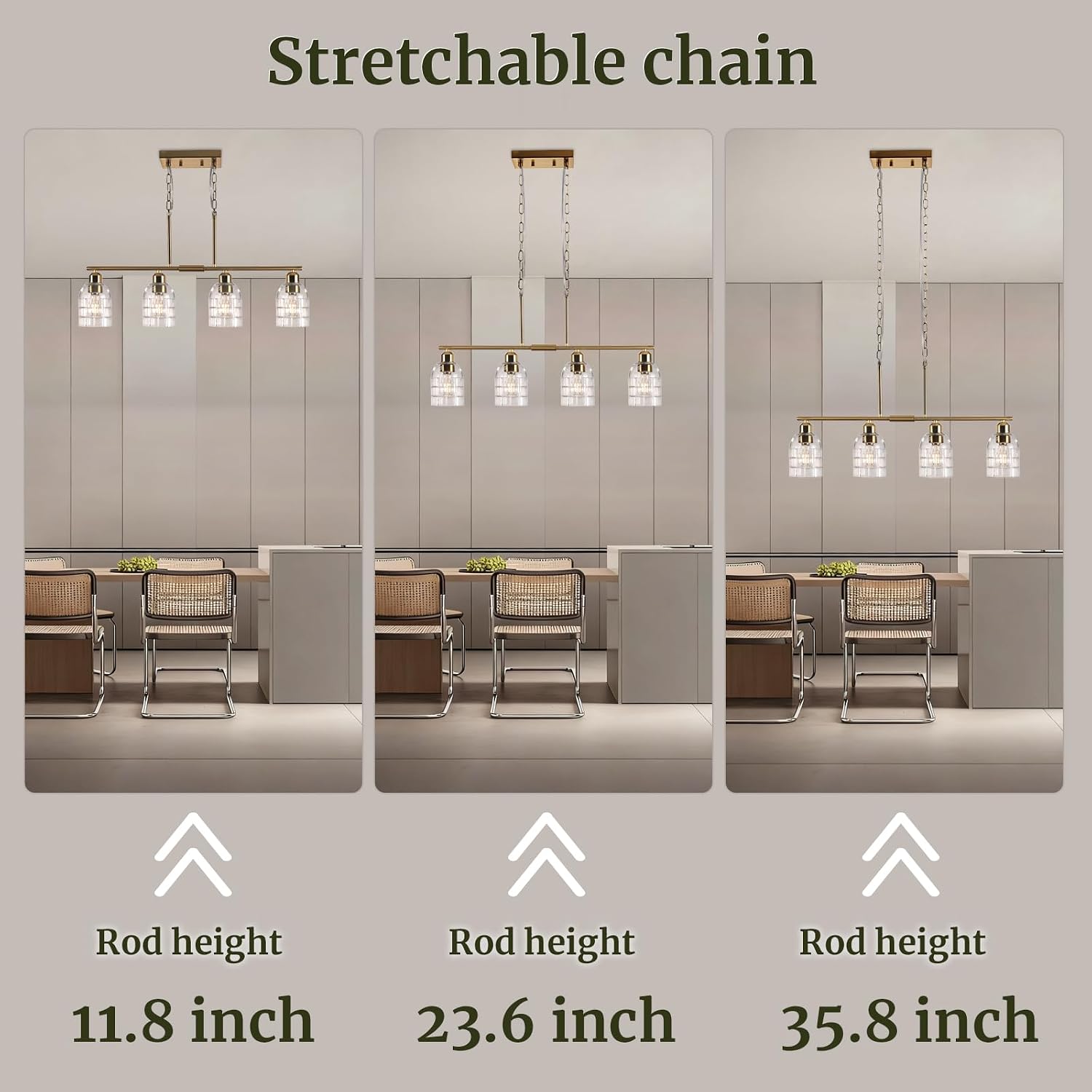 FRIXCHUR Gold Kitchen Island Lighting, 4-Lights Linear Chandelier Pendant Light with Clear Glass Shade, Height Adjustable Industrial Chandelier Pendant Light for Kitchen Island Dining Room