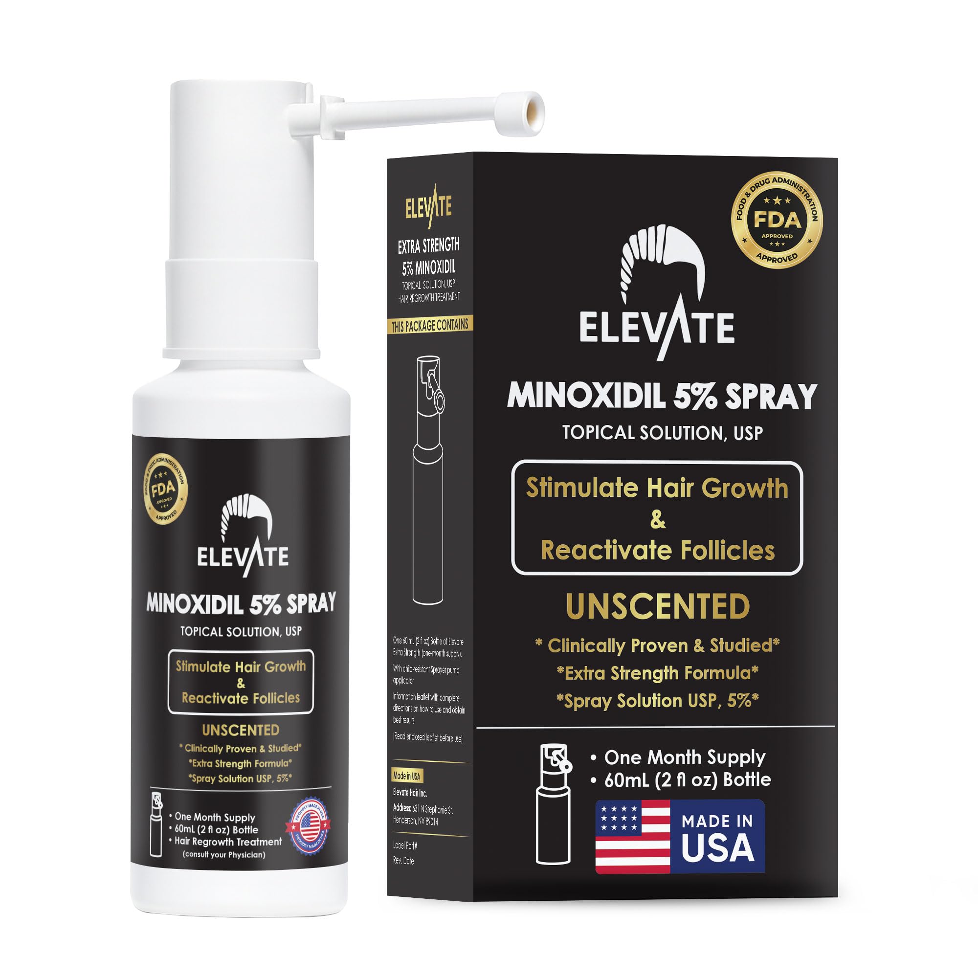 Elevate Hair Regrowth Treatment 5 Minoxidil Spray for Men - Clinically Proven Formula Fast Absorbing for Hair Loss
