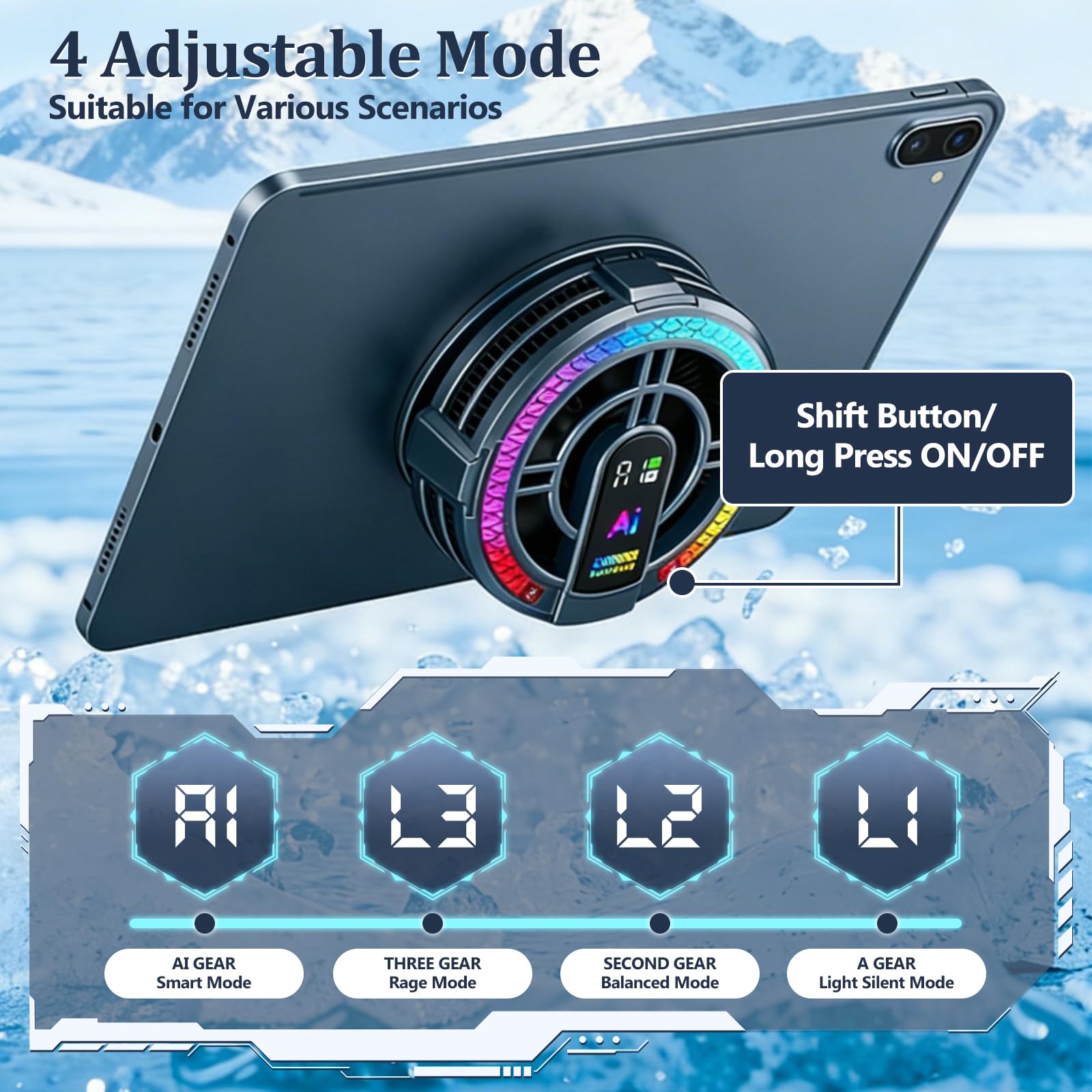Raffreddatore magnetico per tablet con 4 modalità di raffreddamento, doppio display digitale di temperatura e potenza elettrica, radiatore universale per telefoni cellulari/tablet/iPad