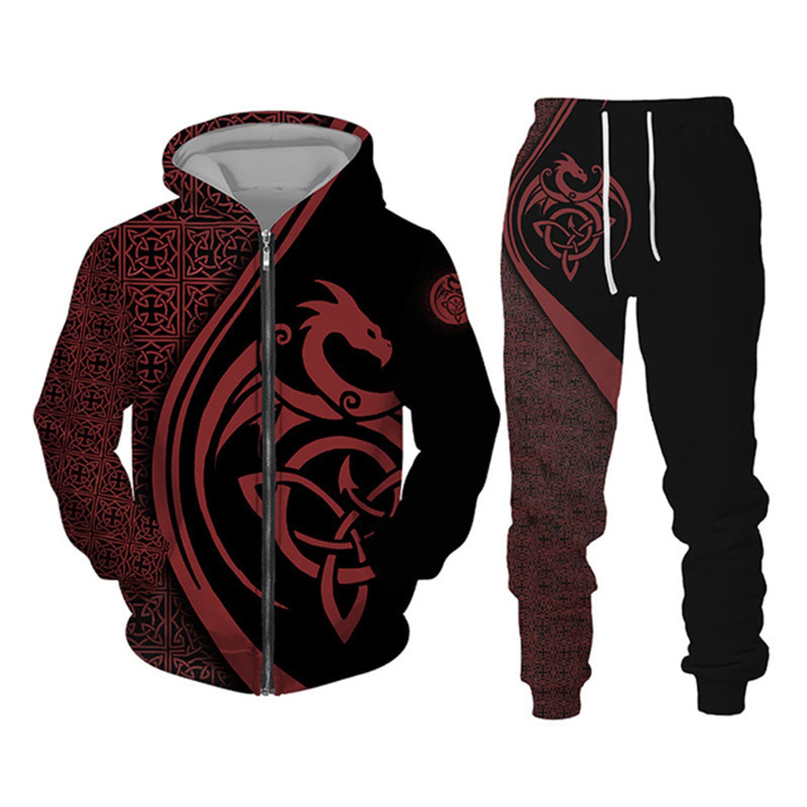 Keephen Men's # 7 Tracksuit Two Piece Set Viking Dragon 3D Printed Zip Up Hoodie And Sweatpants Fashion Casual Sweatshirt Suits
