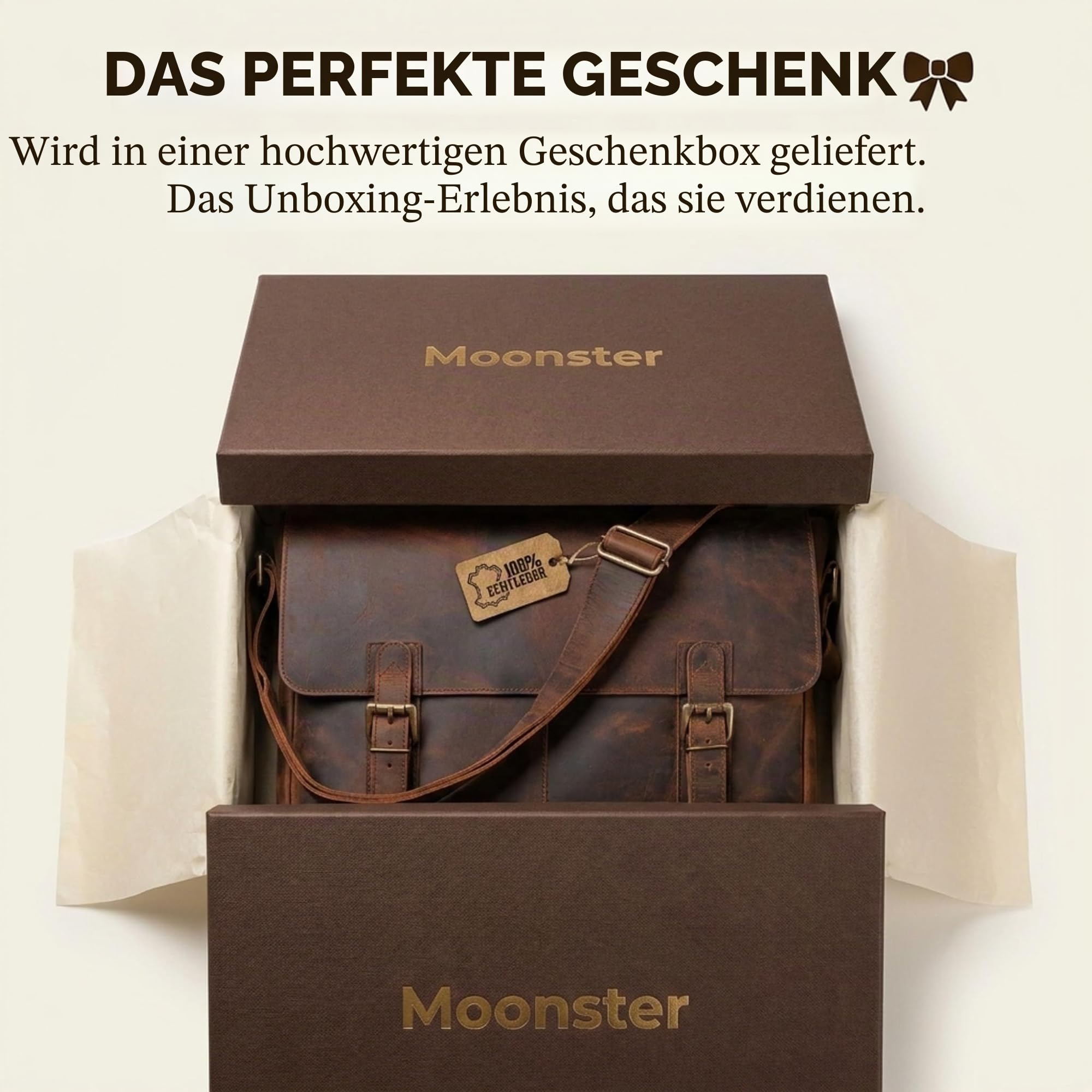 moonster Aktentasche Herren Leder - Handgefertigte Laptoptasche 16 Zoll aus Büffelleder, Messenger Bag mit gepolstertem Fach, Umhängetasche für Damen & Herren, Lehrertasche Braun Rustikal