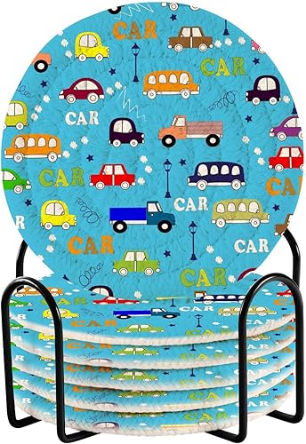 Miniatura 1 de Trucks Buses Cars Drink Coasters Set Absorbent Coasters for Drinks with Holder Set of 6 Coffee Table Coasters